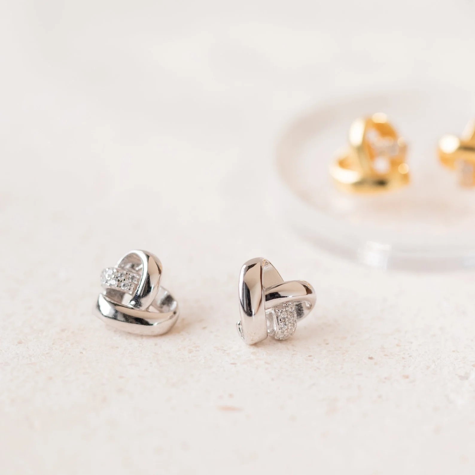 Heart Charm Knot Studs Silver 18K Gold Plated