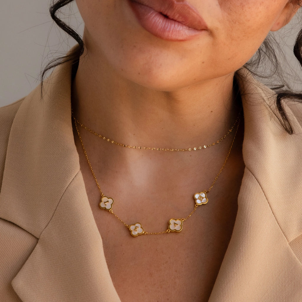 Pearl Clover Letter Necklace Silver 18K Gold Plated