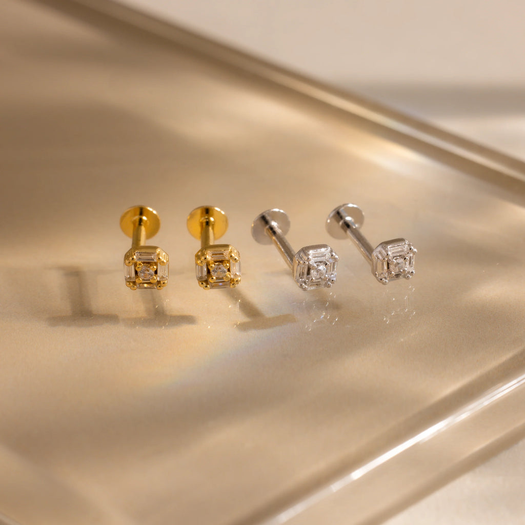 Art Deco Flatback Studs Silver 18K Gold Plated