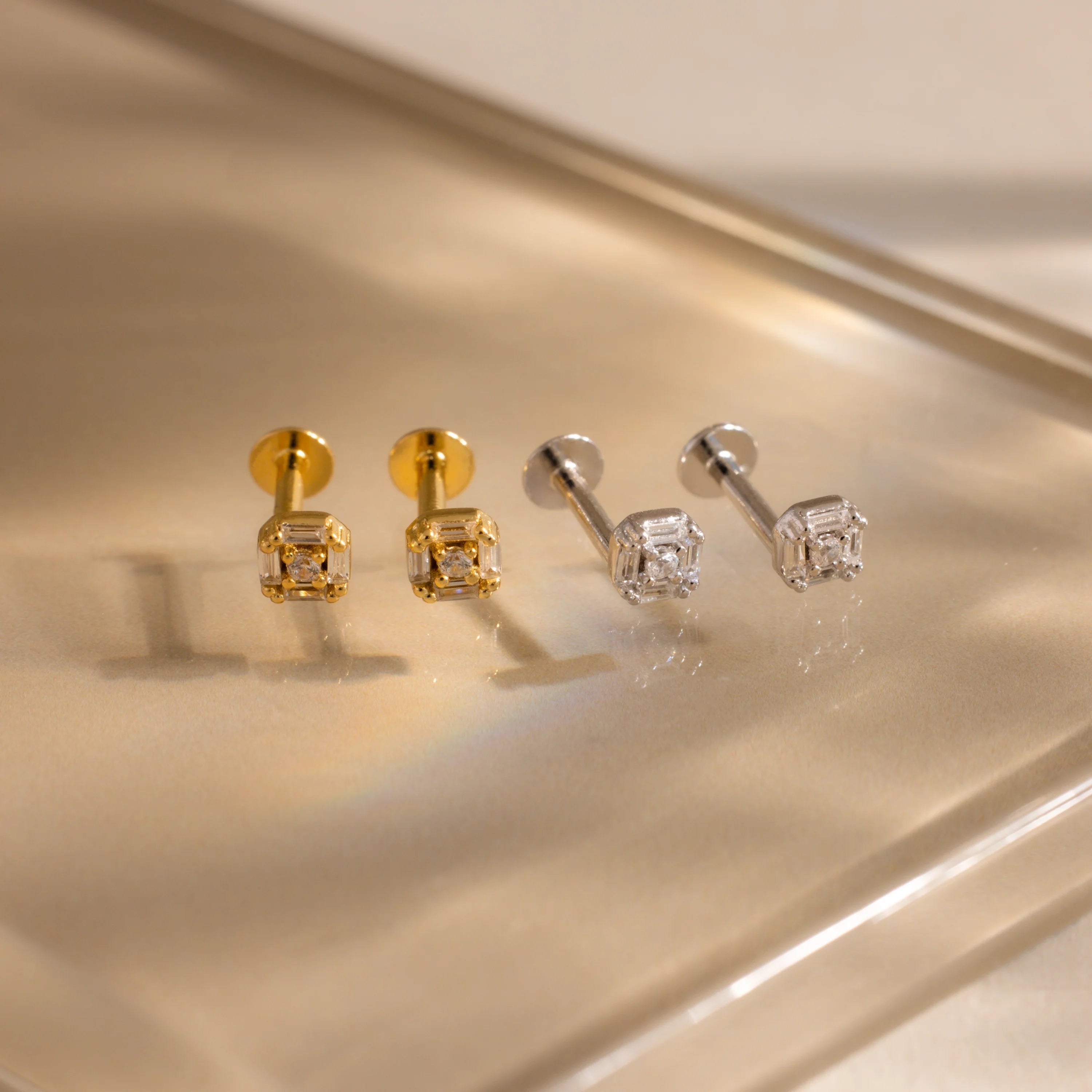 Art Deco Flatback Studs Silver 18K Gold Plated