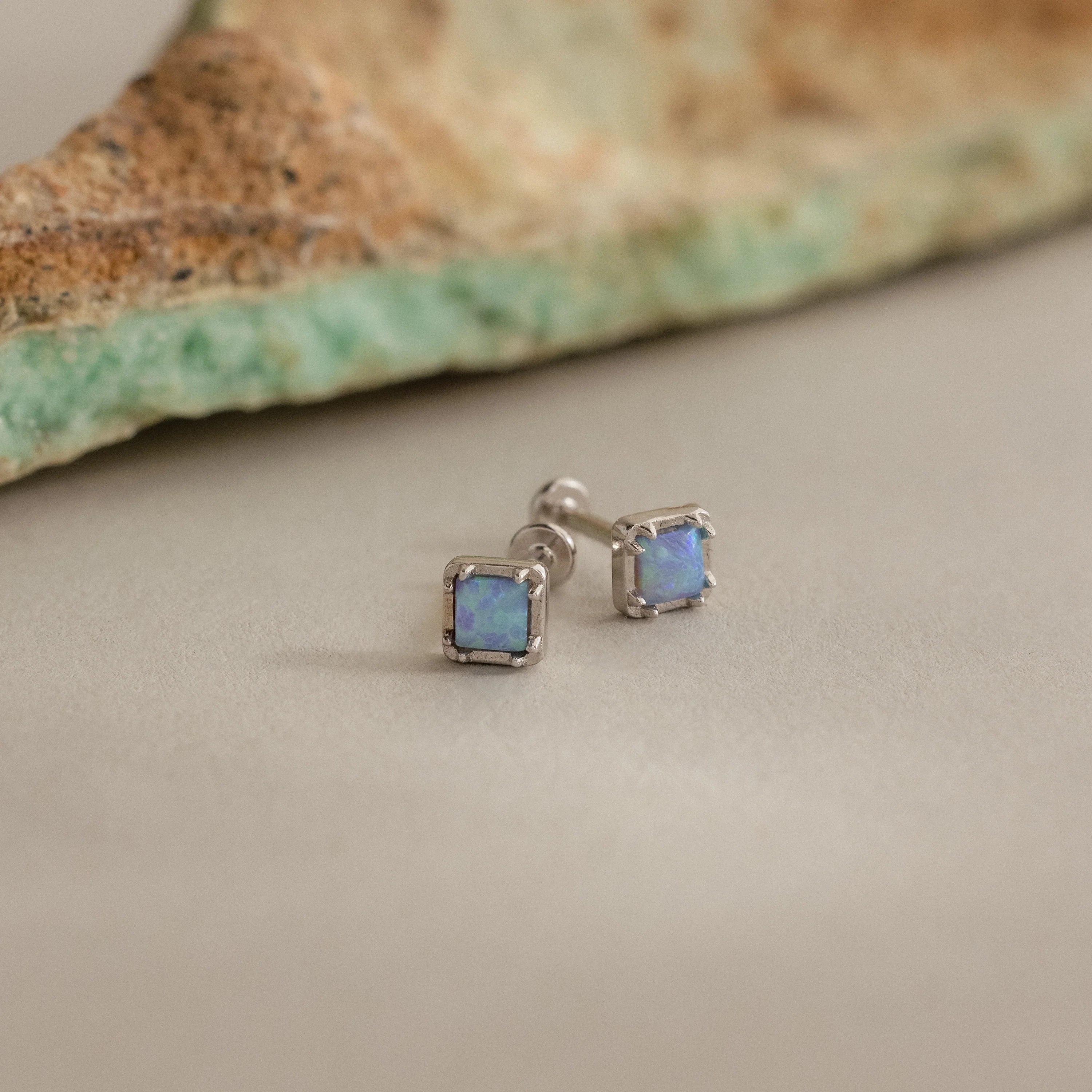 Blue Opal Prism Flatback Studs Silver 18K Gold Plated