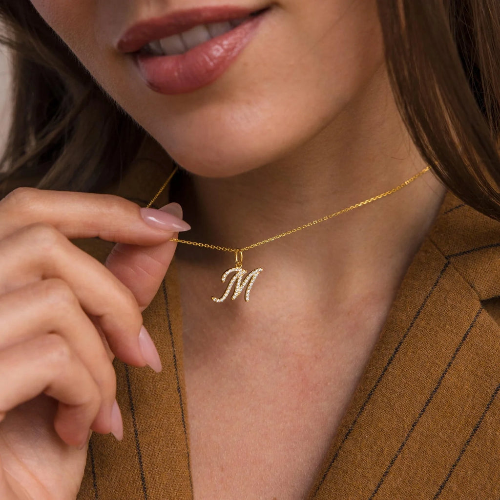 Diamond Pave Letter Charm Necklace Silver 18K Gold Plated