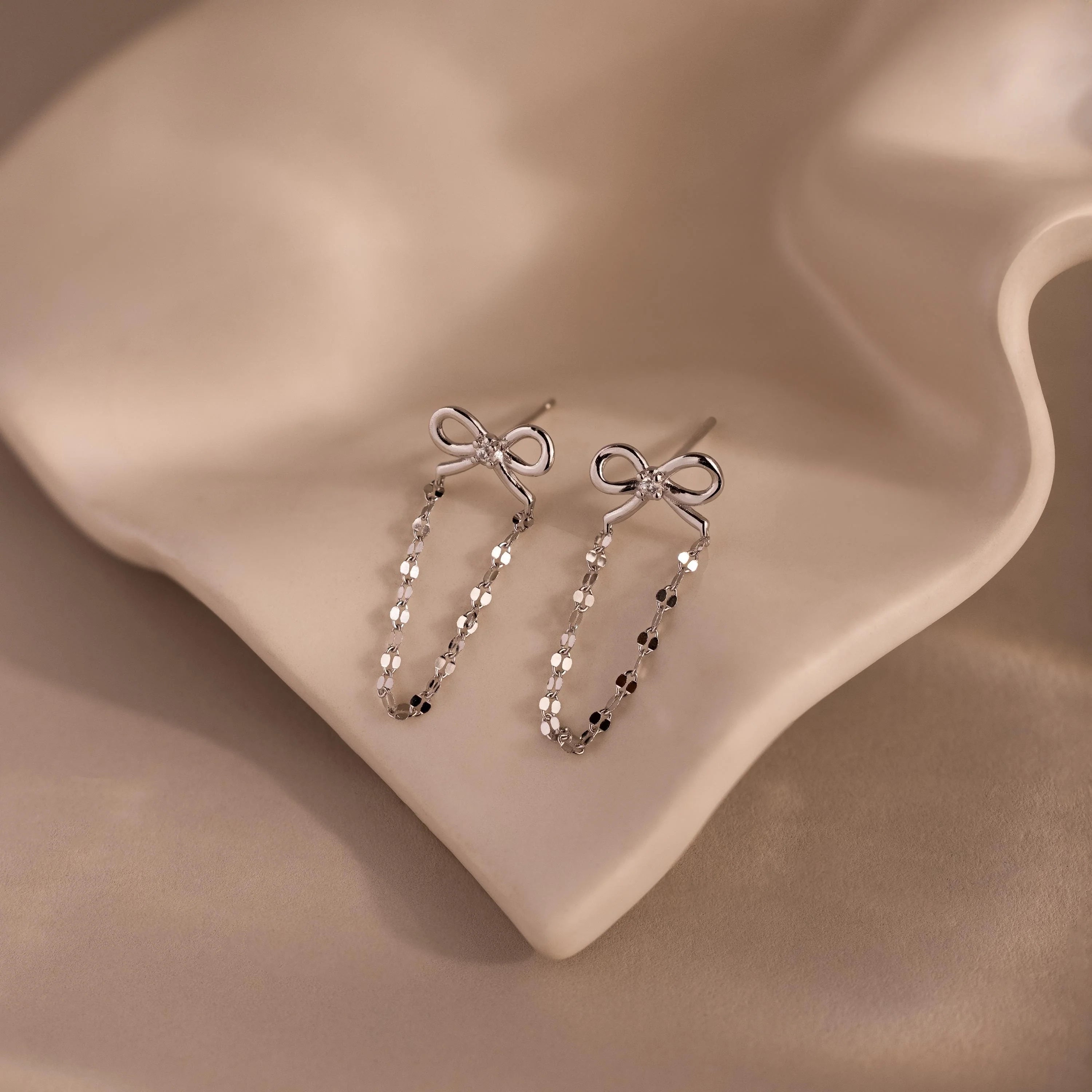 Diamond Bow Chain Studs Silver 18K Gold Plated
