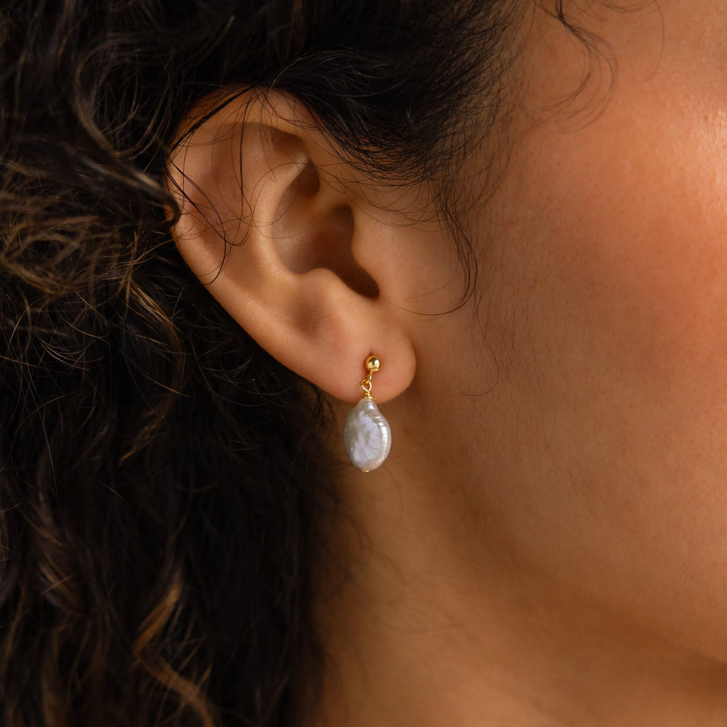 Round Pearl Drop Earrings Silver 18K Gold Plated