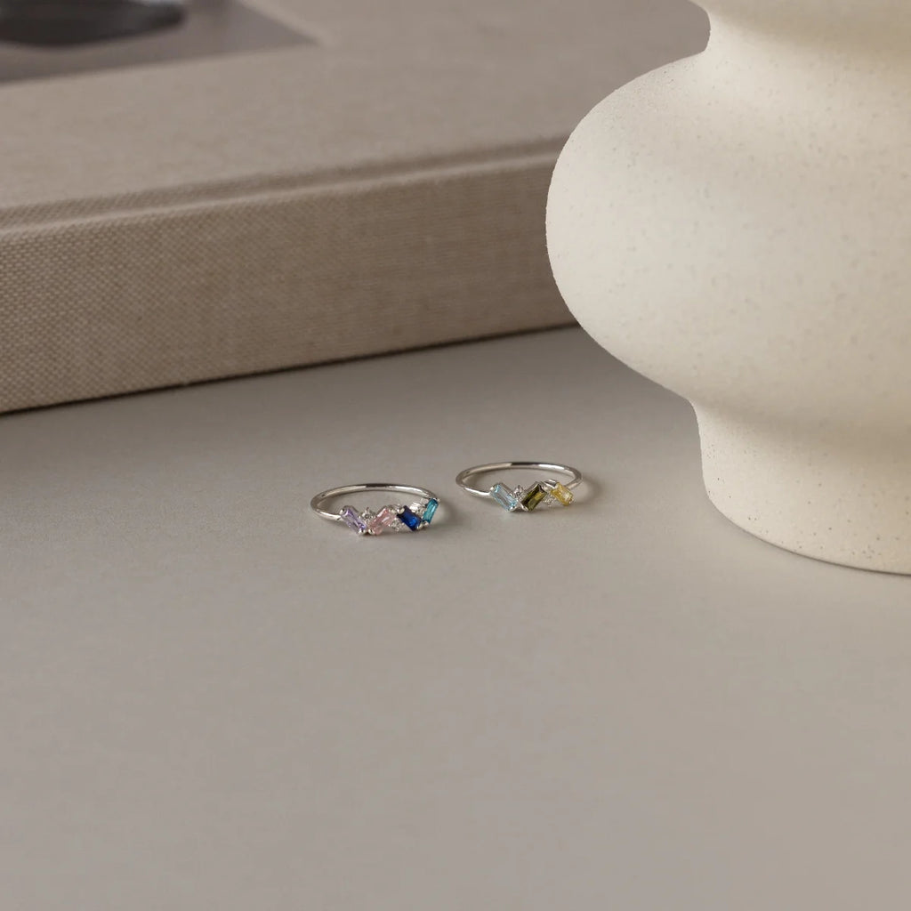 Baguette Cut Birthstone Ring Silver 18K Gold Plated