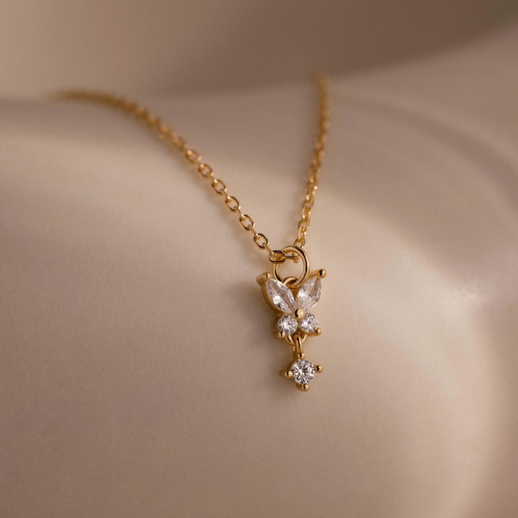 Diamond Butterfly Drop Necklace Silver 18K Gold Plated