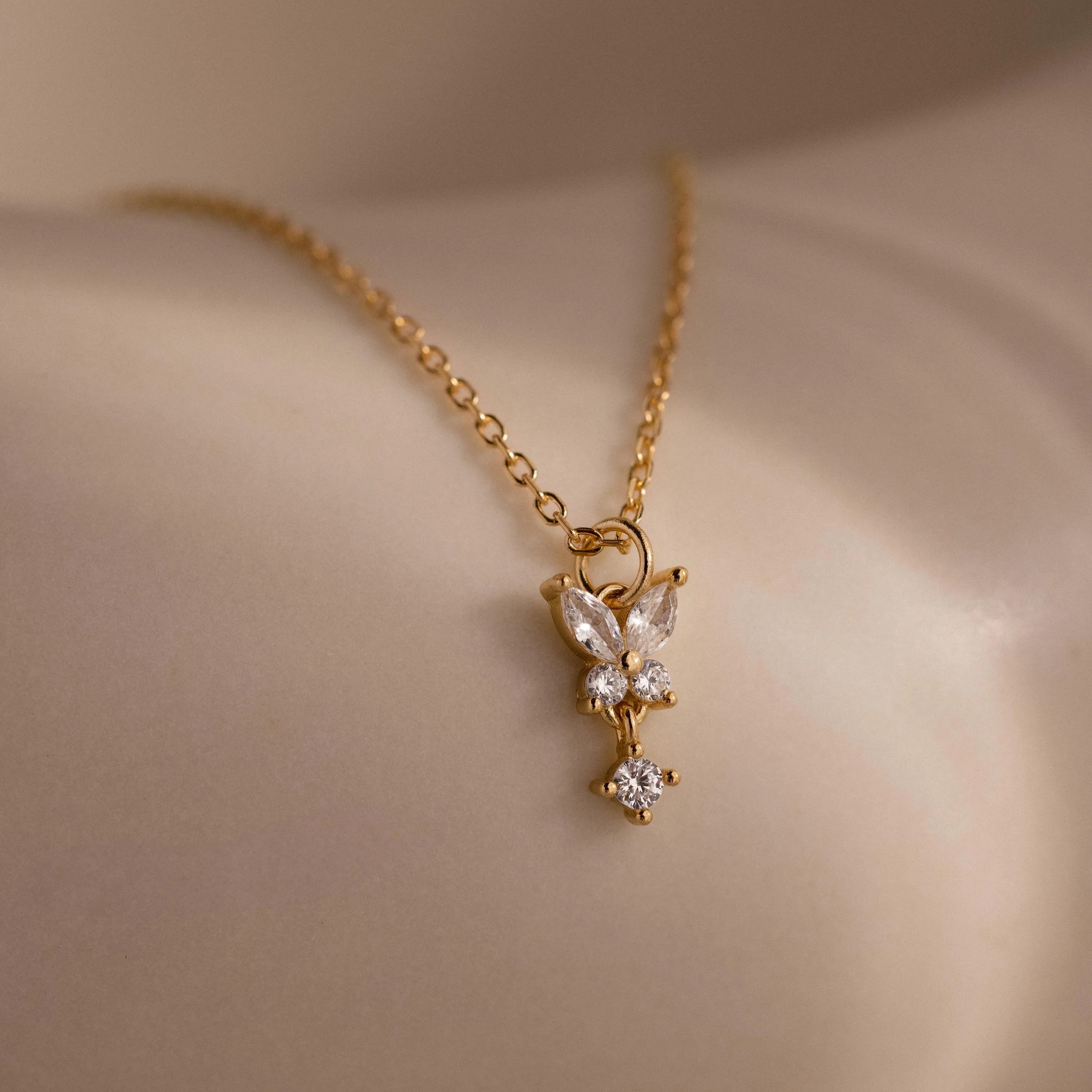 Diamond Butterfly Drop Necklace Silver 18K Gold Plated