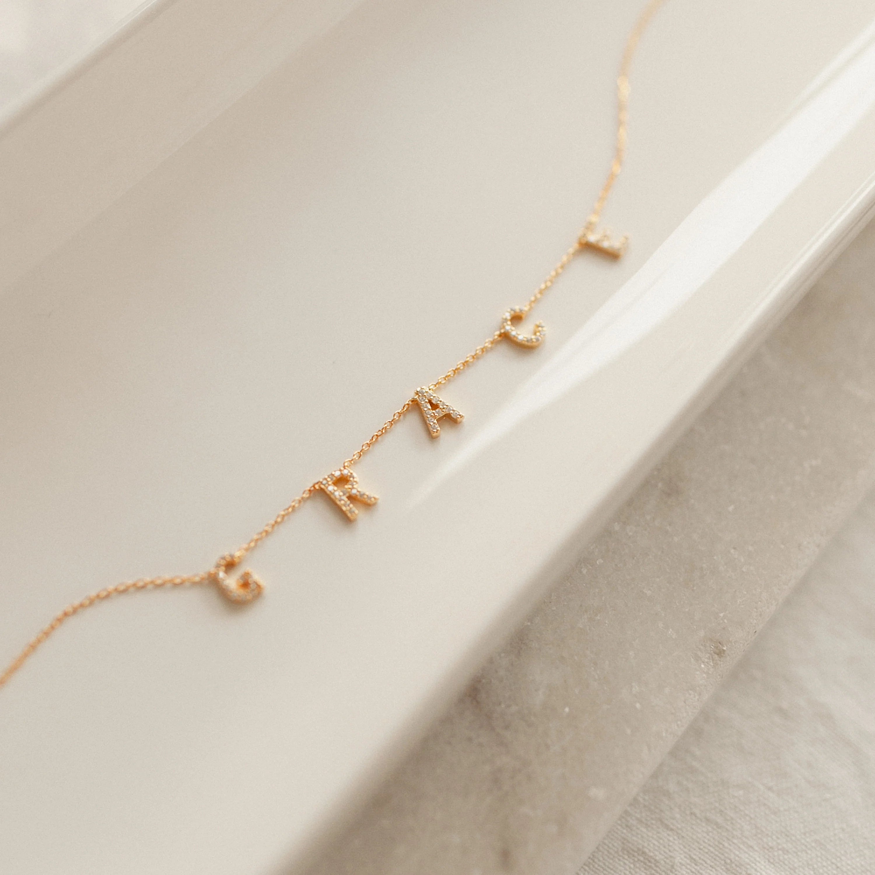 Pave Letter Necklace Silver 18K Gold Plated