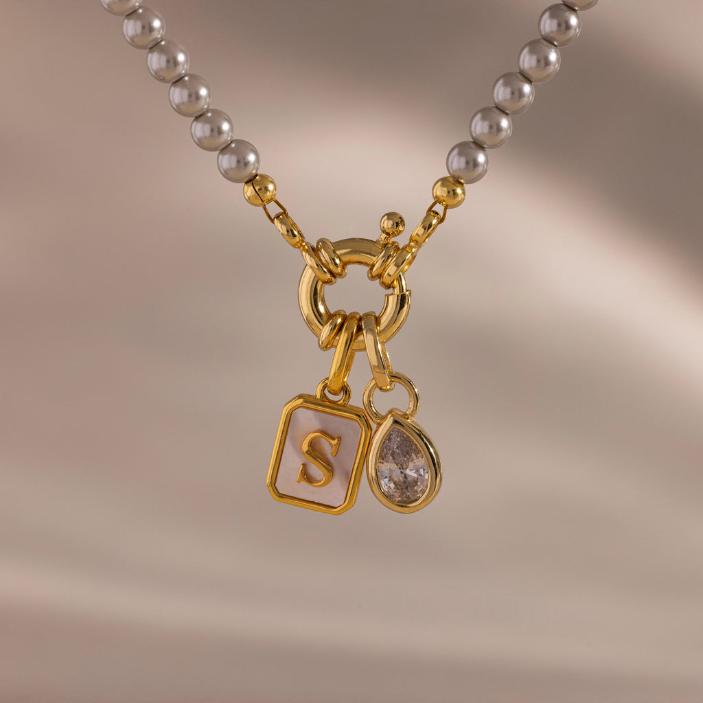 Grey Pearl Charm Necklace Silver 18K Gold Plated