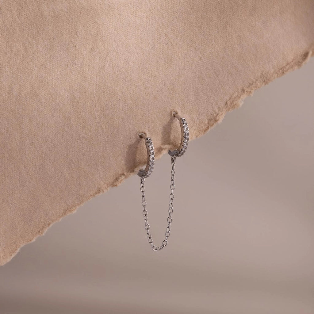Pave Duo Chain Earring Silver 18K Gold Plated