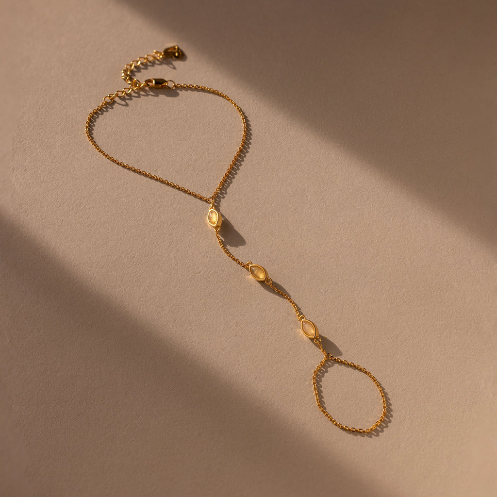 Moonstone Hand Ring Chain Bracelet Silver 18K Gold Plated