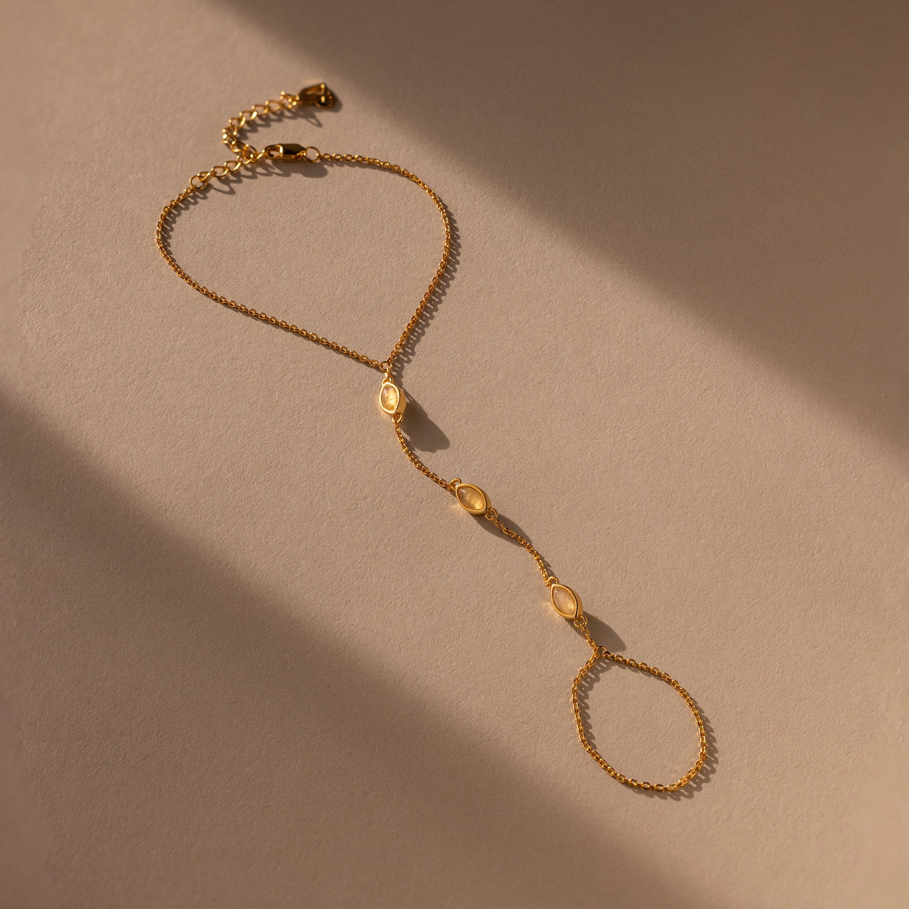 Moonstone Hand Ring Chain Bracelet Silver 18K Gold Plated