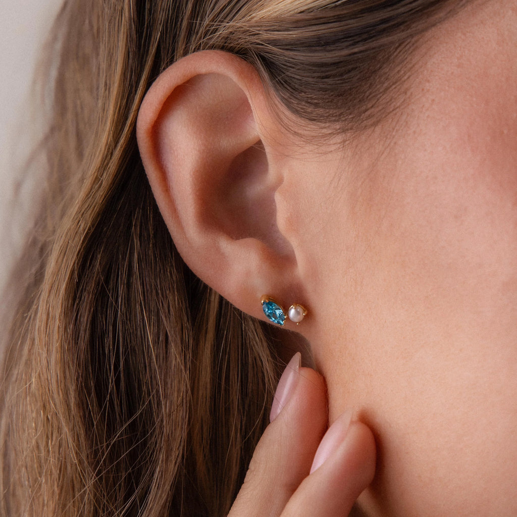 Marquise Cut Sapphire & Pearl Studs Silver 18K Gold Plated