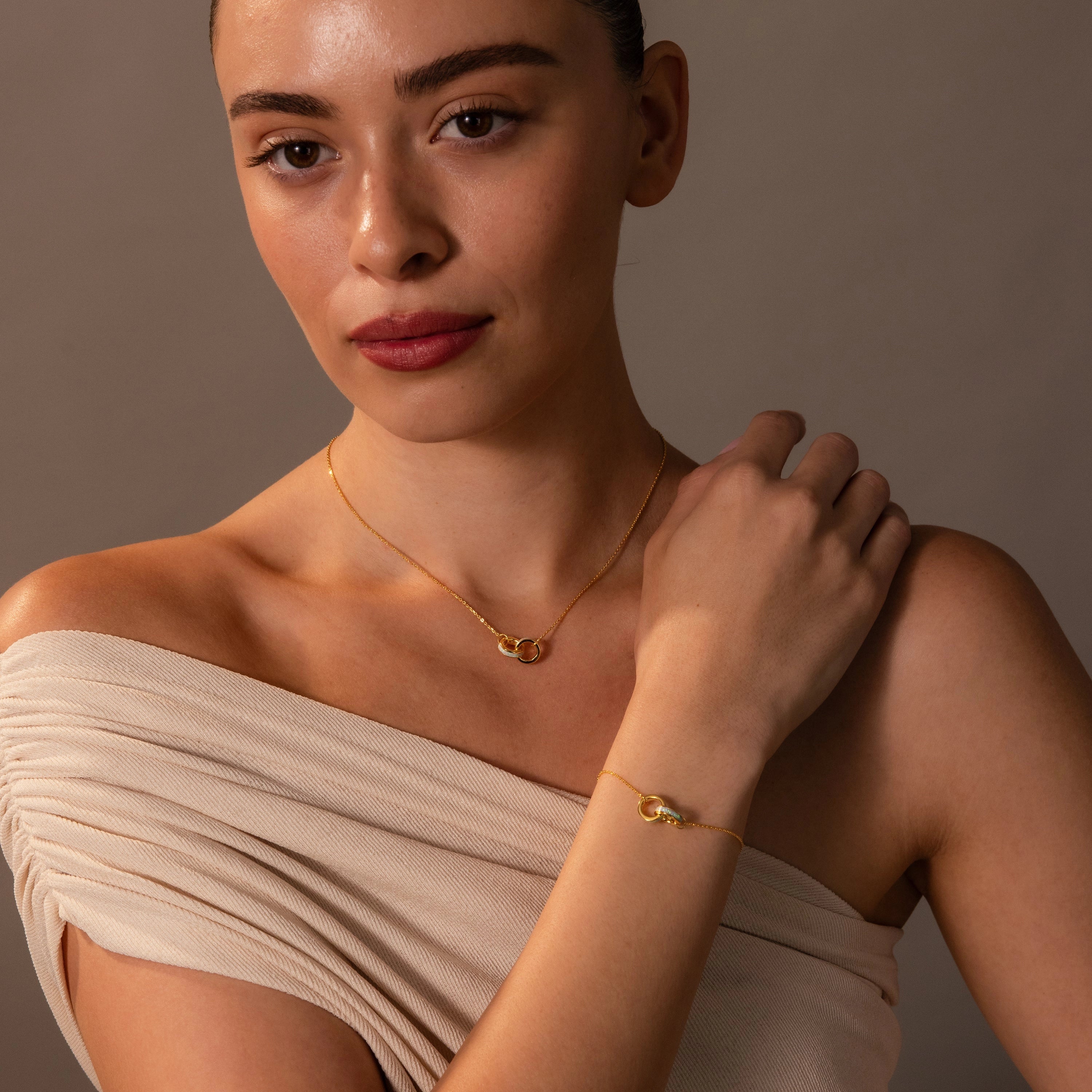 Opal Inlay Necklace and Bracelet Set Silver 18K Gold Plated