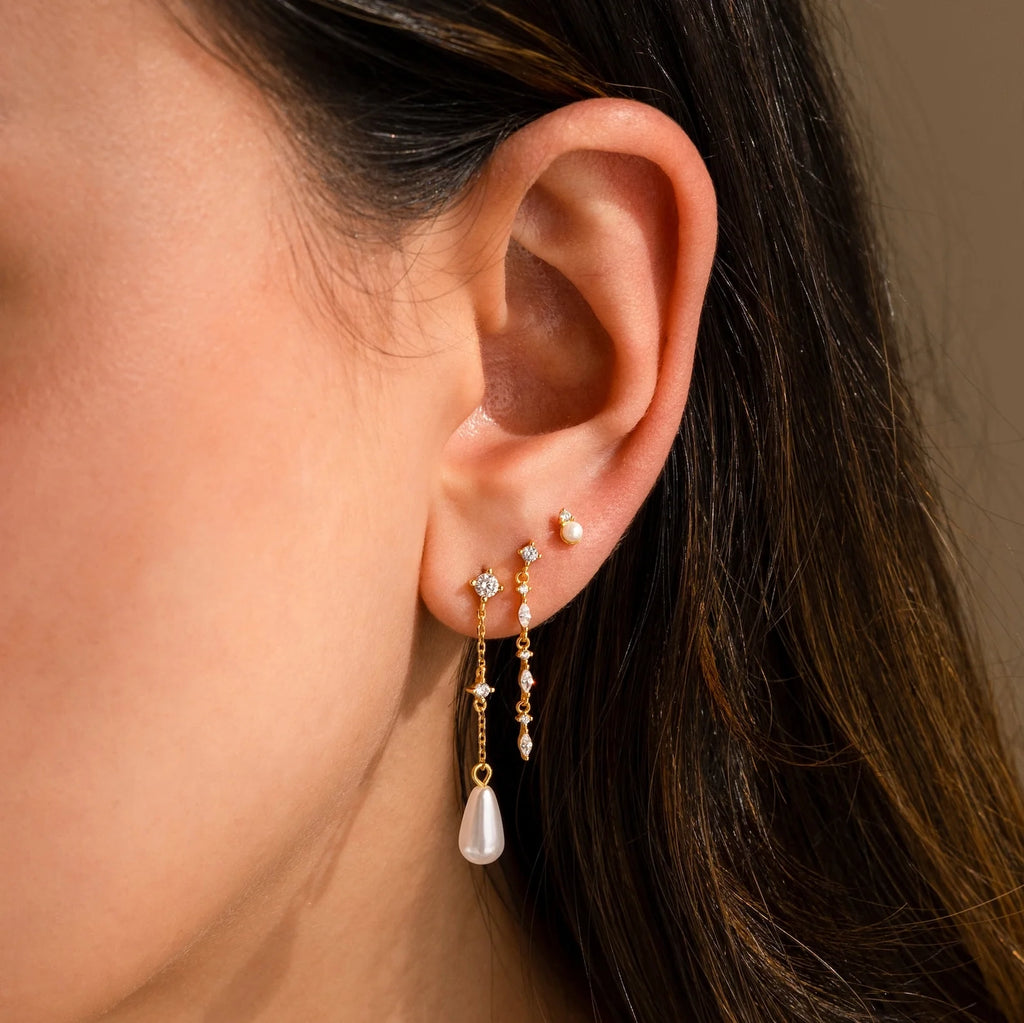 Diamond Pearl Chain Earrings Silver 18K Gold Plated