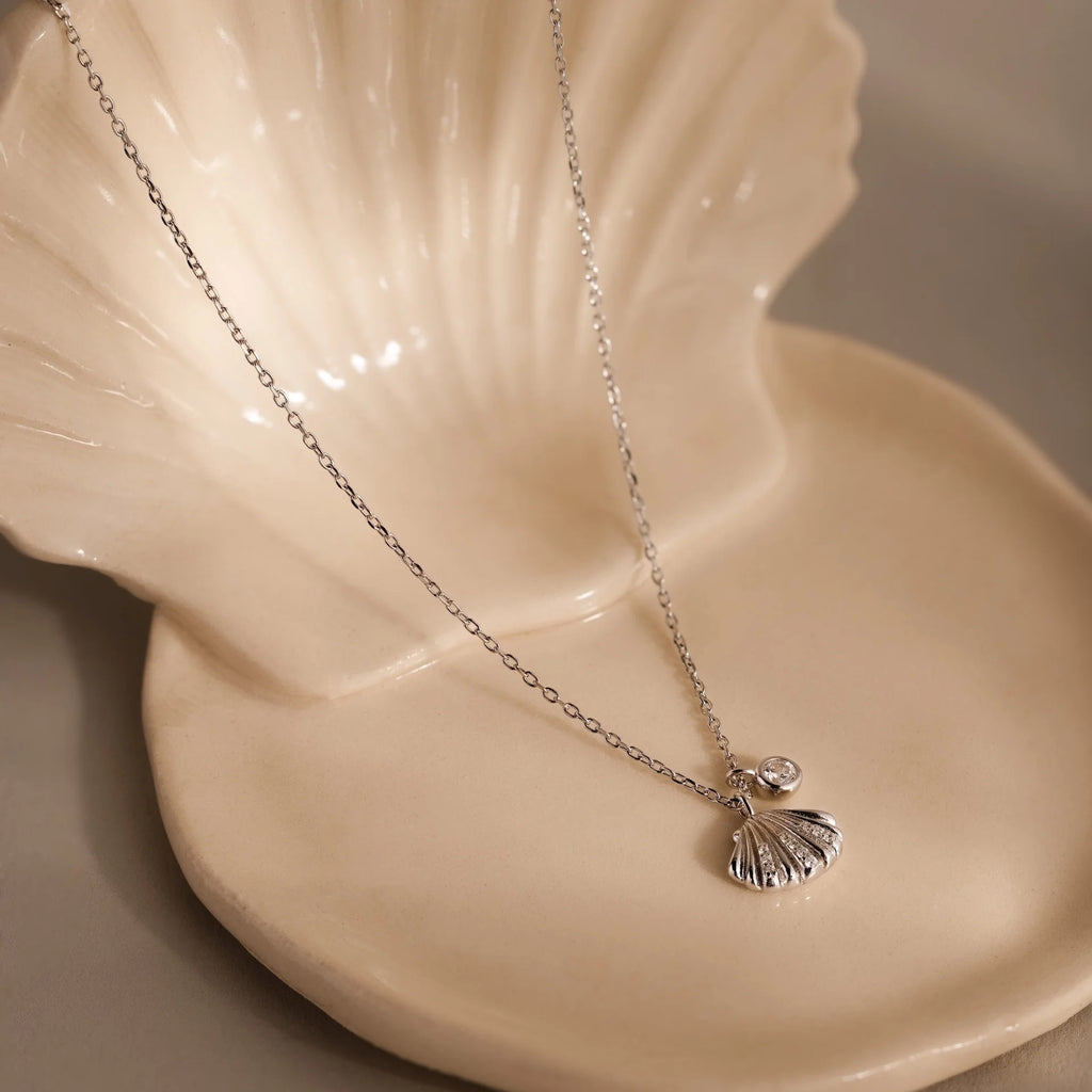 Diamond Seashell Charm Necklace Silver 18K Gold Plated