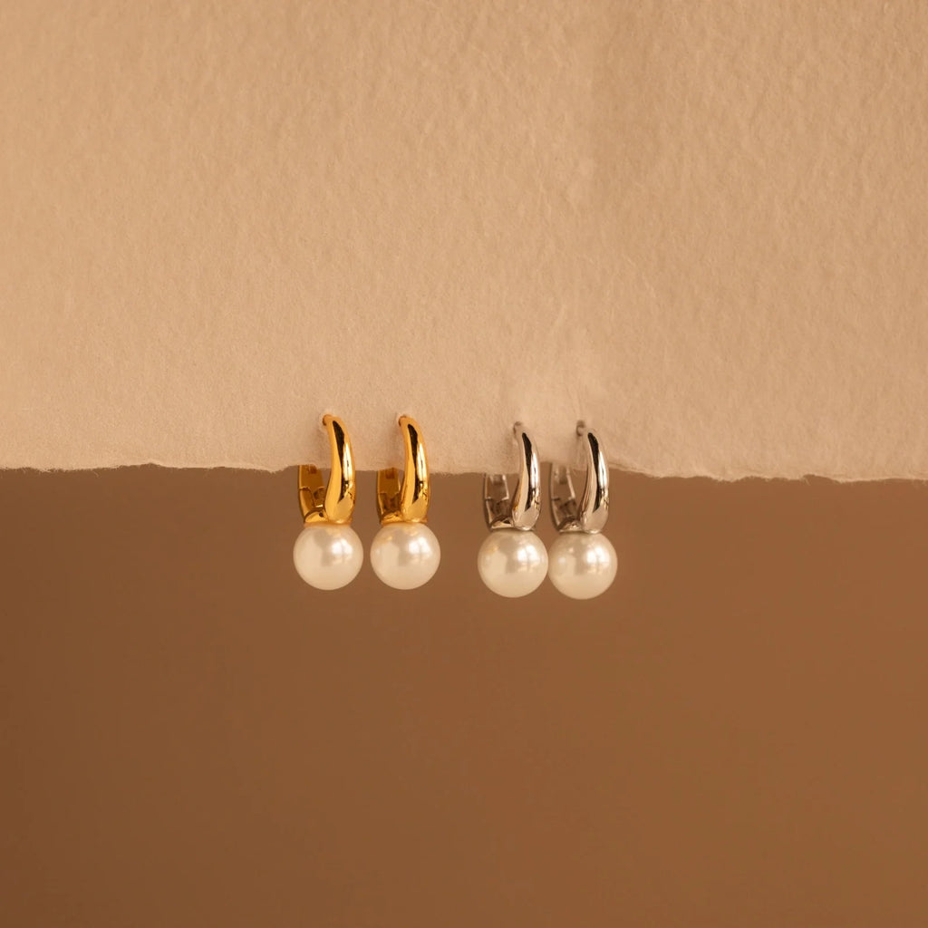Pearl Drop Huggies Silver 18K Gold Plated