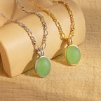 Jade Oval Pendant Necklace Silver 18K Gold Plated