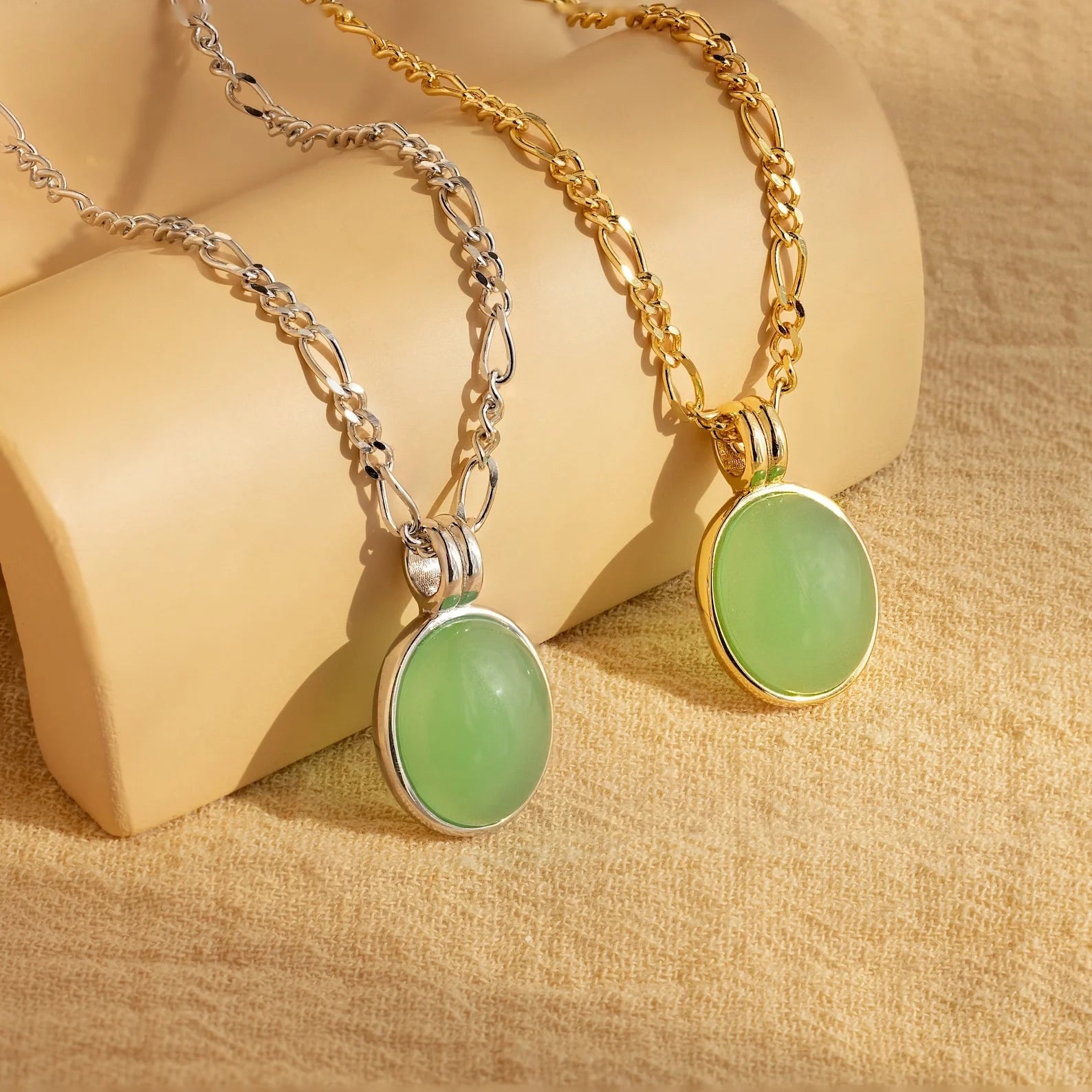 Jade Oval Pendant Necklace Silver 18K Gold Plated