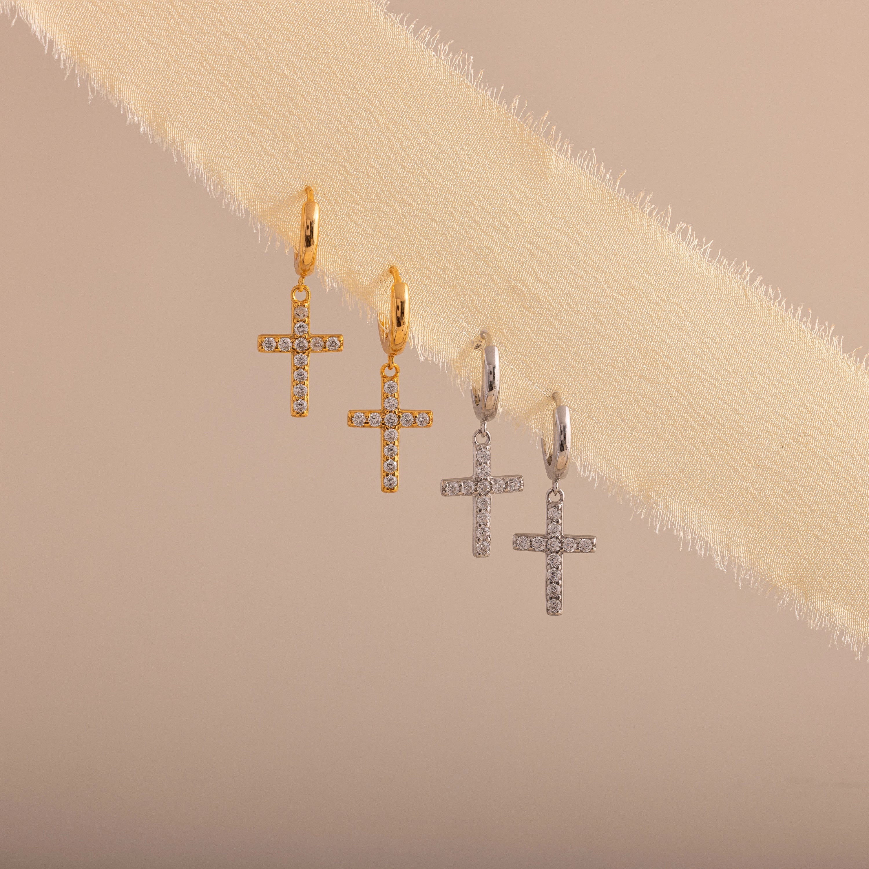 Diamond Pave Cross Hoops Silver 18K Gold Plated