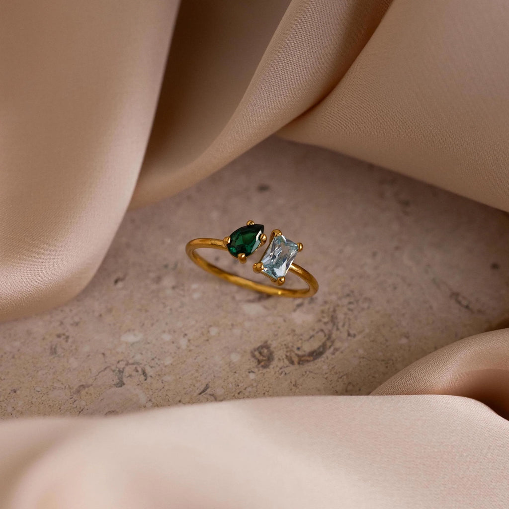 Open Toi et Moi Birthstone Ring Silver 18K Gold Plated