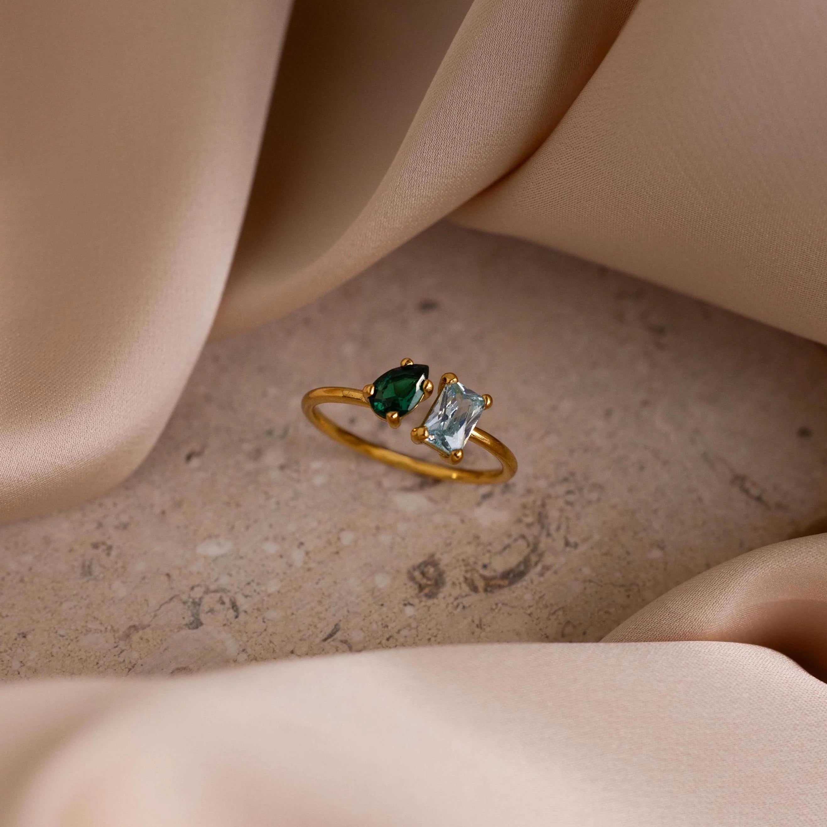 Open Toi et Moi Birthstone Ring Silver 18K Gold Plated