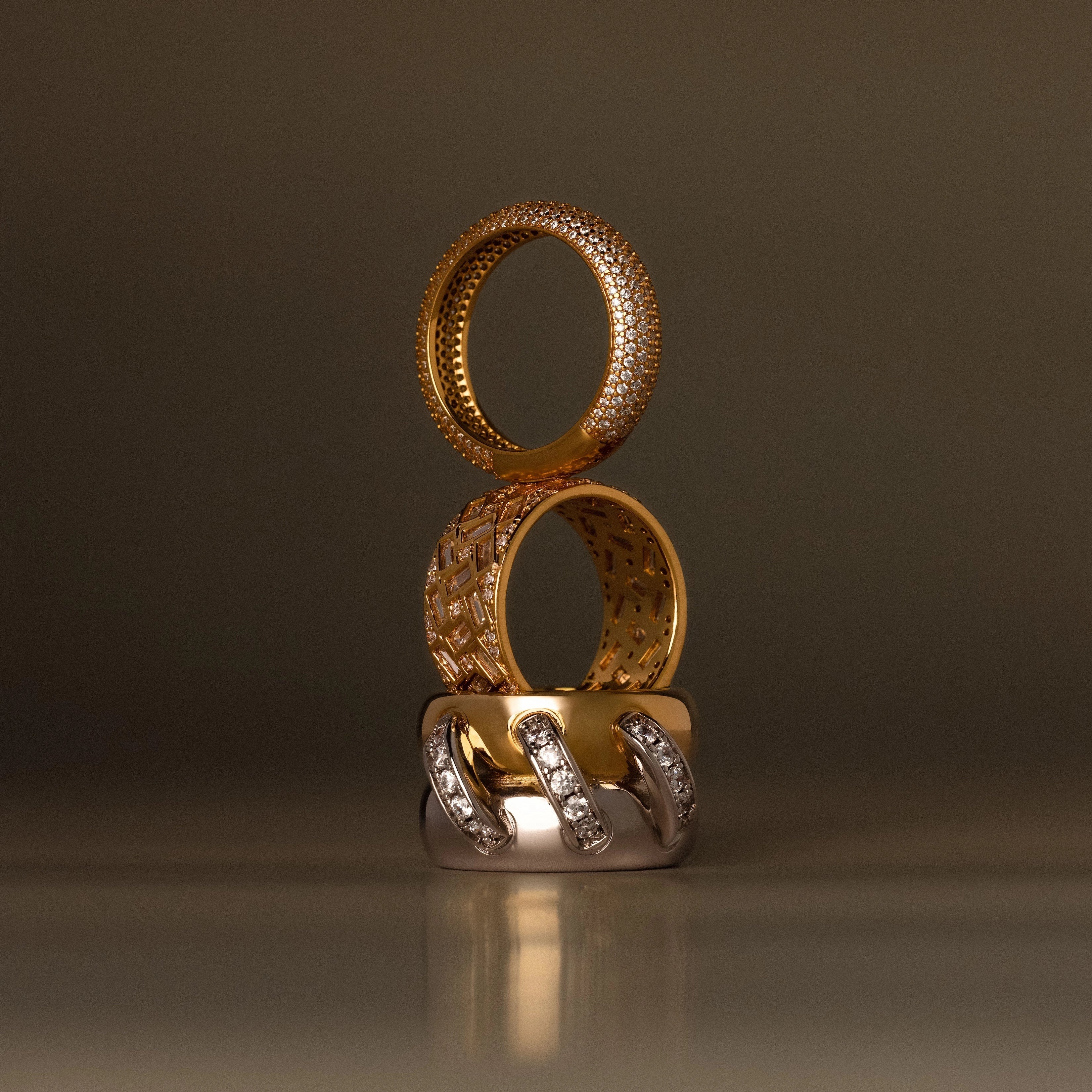 Diamond Mixed Metal Link Ring Silver 18K Gold Plated