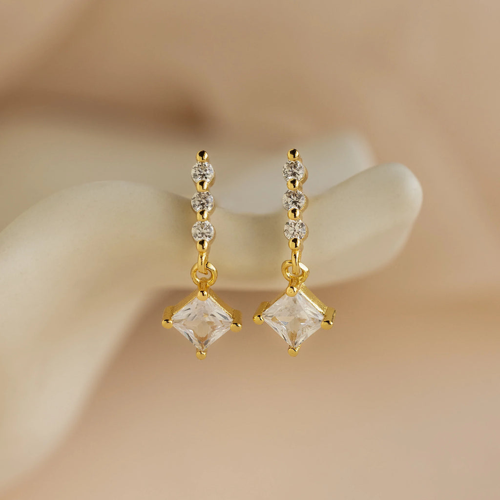 Princess Diamond Drop Studs Silver 18K Gold Plated
