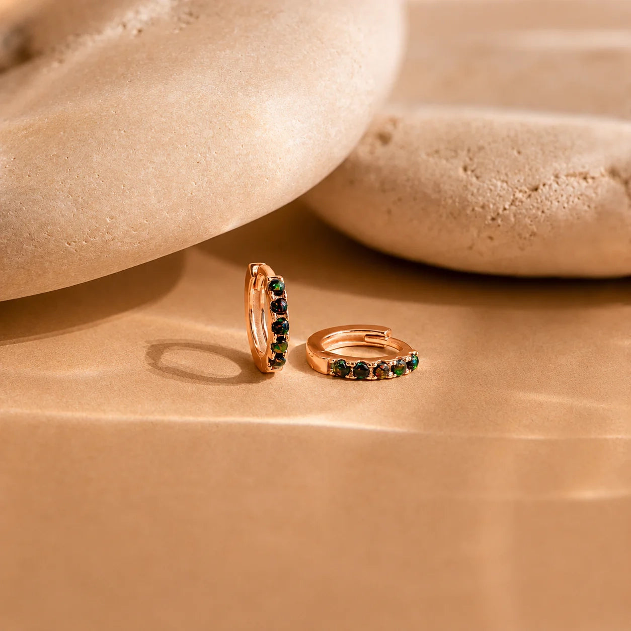 Black Sand Opal Huggie Hoop Earrings