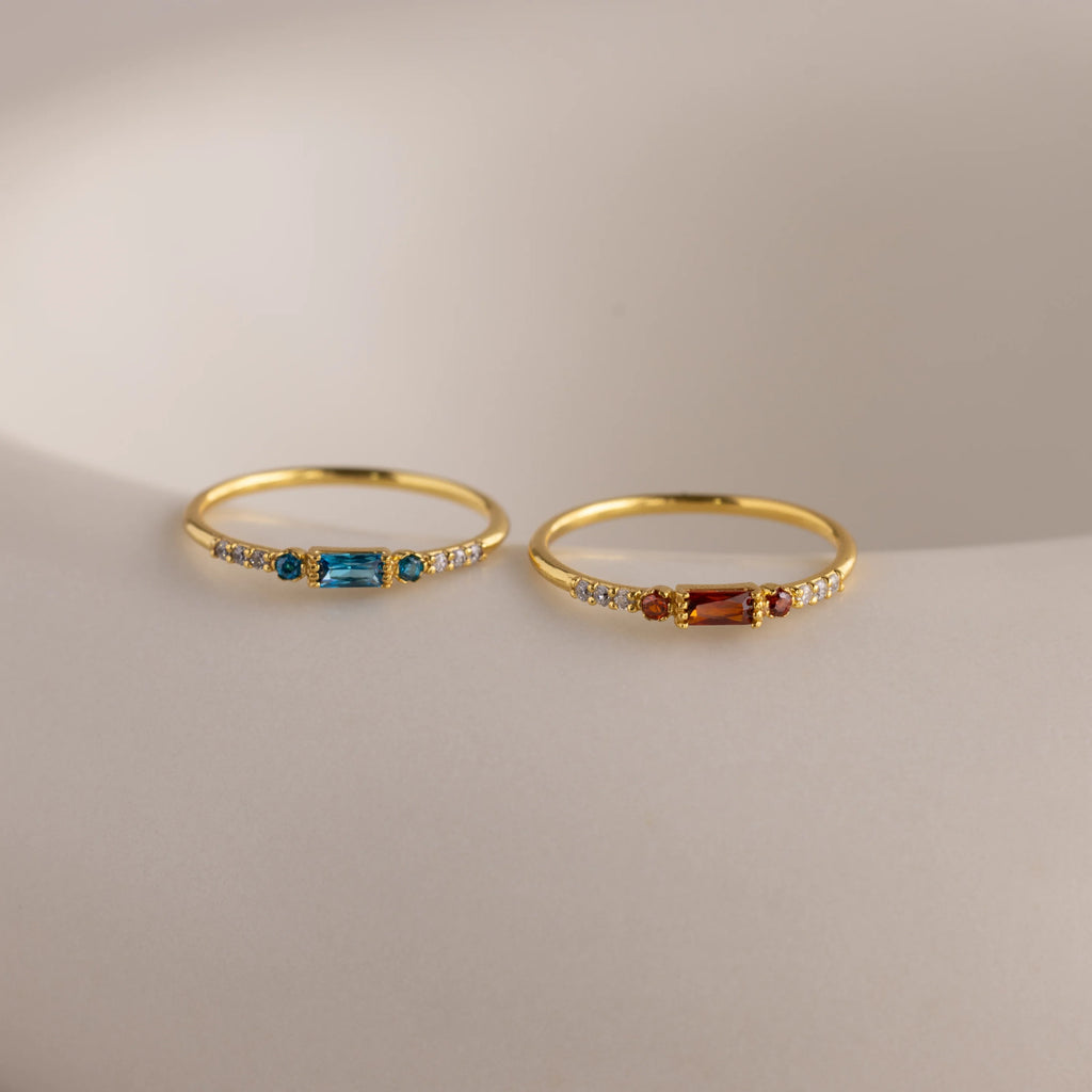 Dainty Blue Zircon Baguette Ring Silver 18K Gold Plated