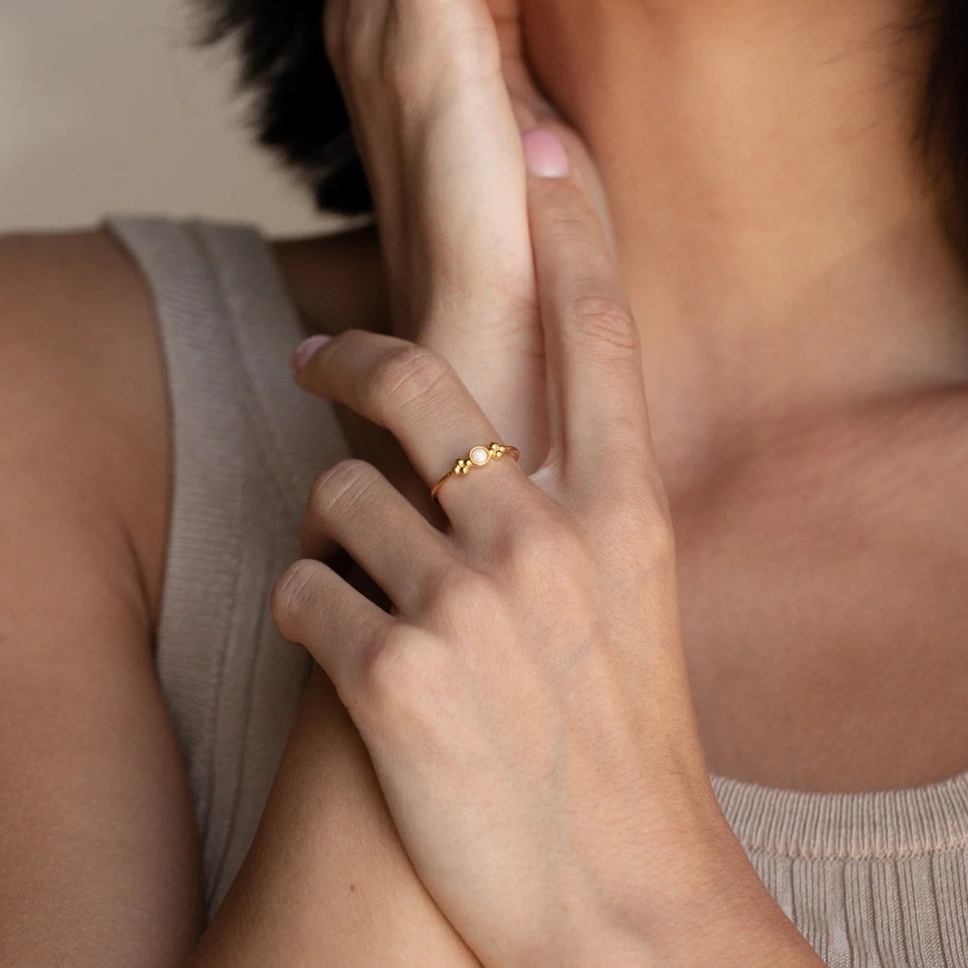 White Opal Ring Silver 18K Gold Plated