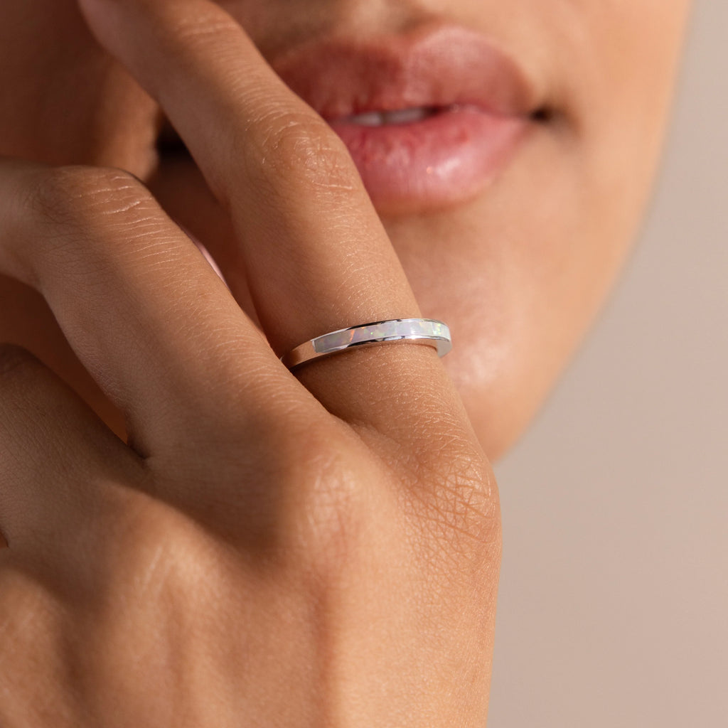 White Opal Inlay Band Silver 18K Gold Plated