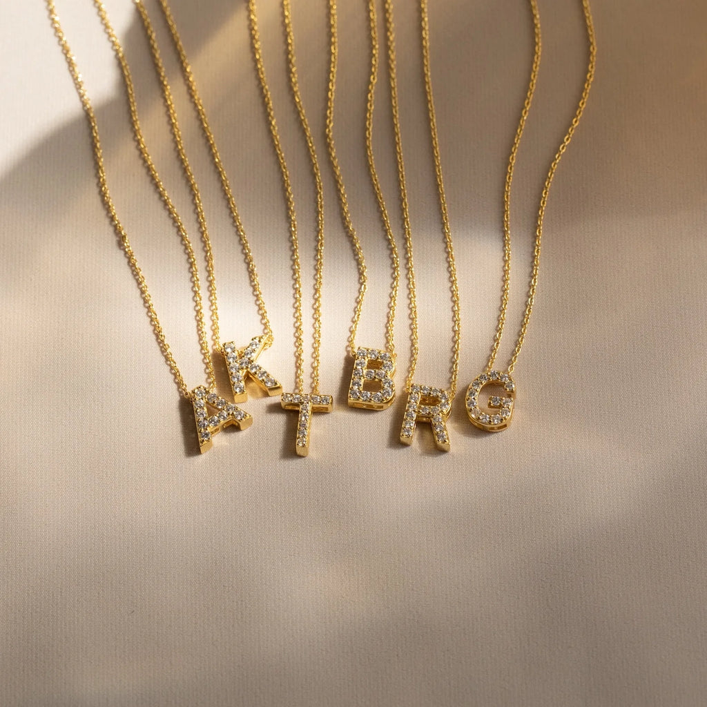 Floating Pave Initial Necklace Silver 18K Gold Plated