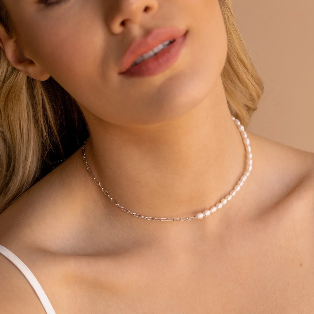 Pearl & Paperclip Chain Necklace Silver 18K Gold Plated