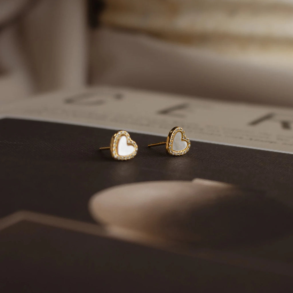 Diamond Heart Shaped Pearl Studs Silver 18K Gold Plated