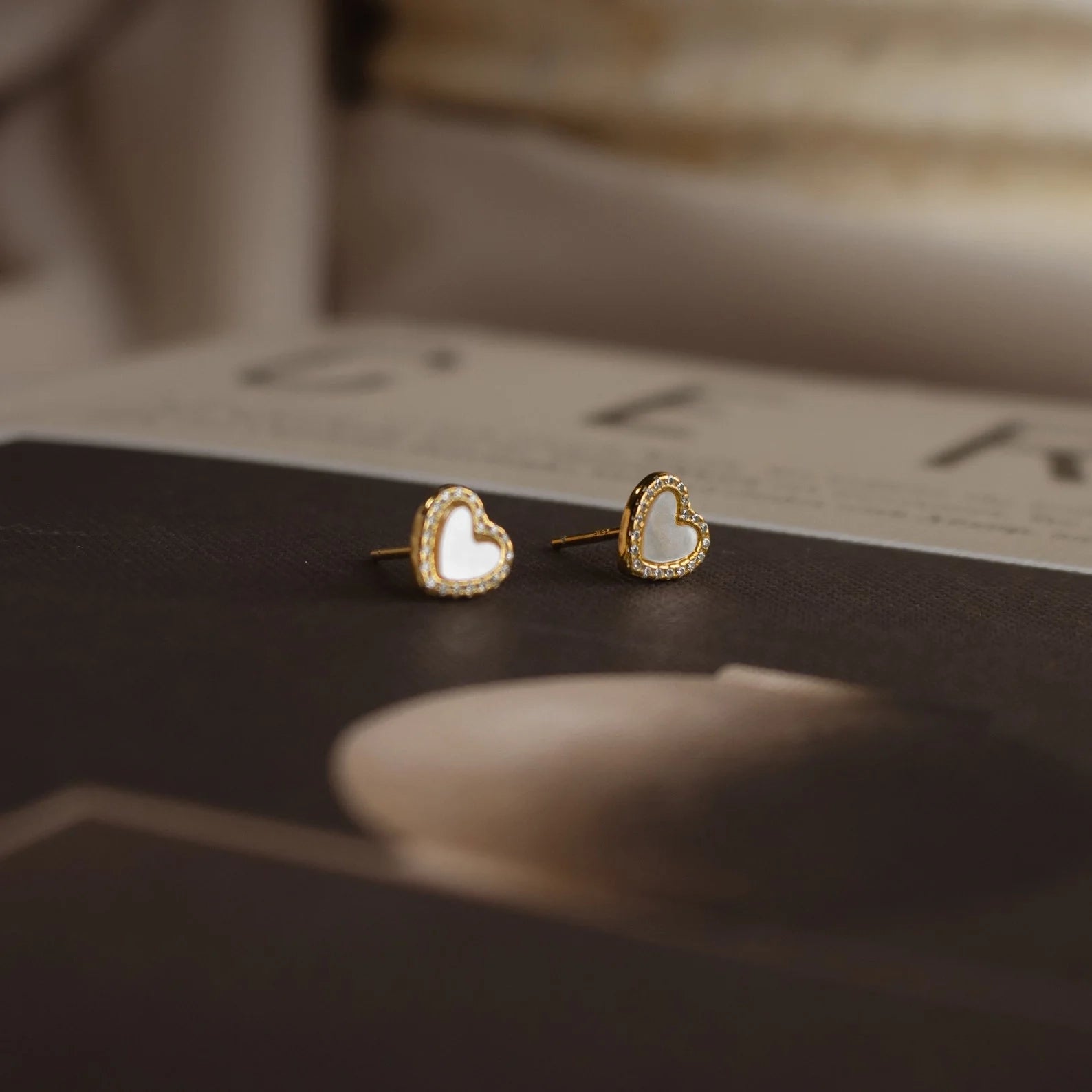 Diamond Heart Shaped Pearl Studs Silver 18K Gold Plated