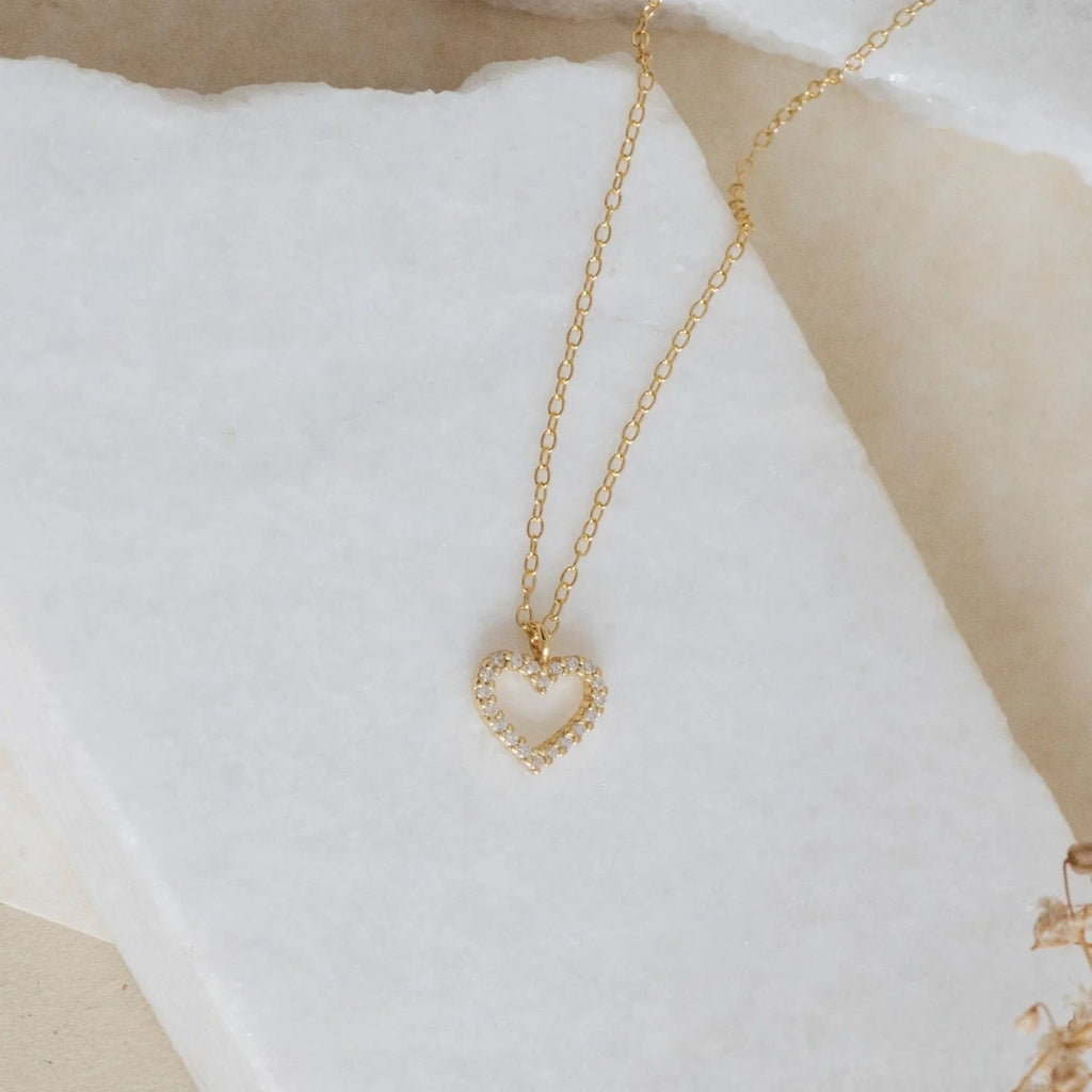 Pave Heart Charm Necklace Silver 18K Gold Plated