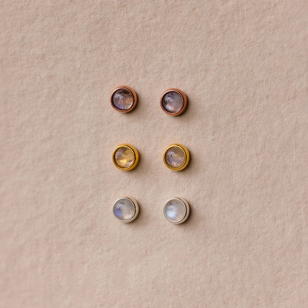 Moonstone Bezel Studs Silver 18K Gold Plated