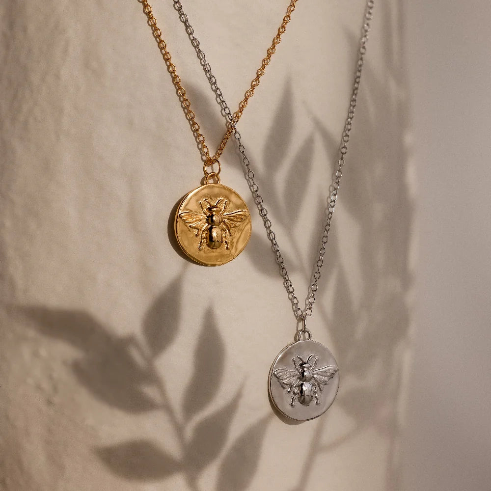 Bee Coin Necklace Silver 18K Gold Plated