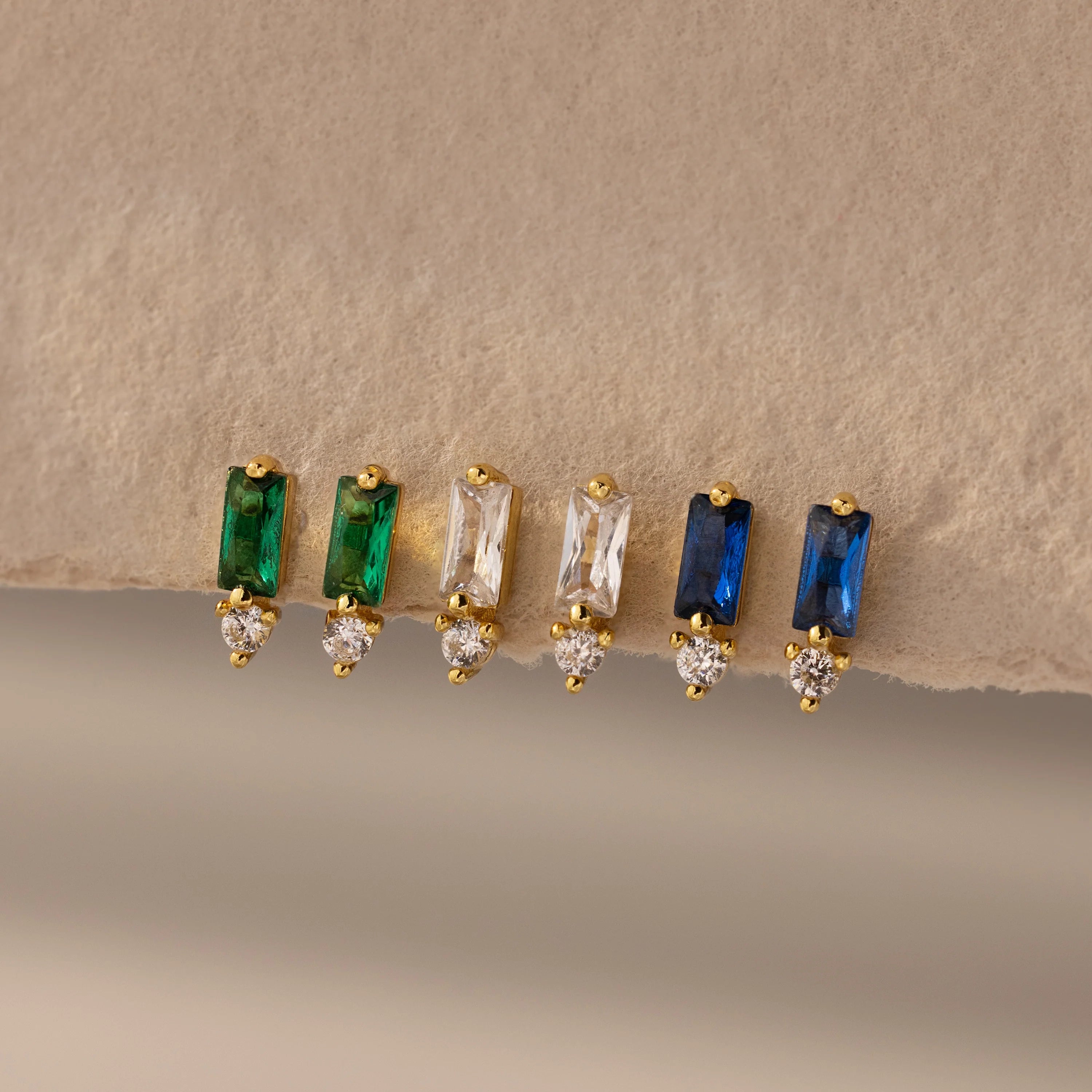 Blue Zircon Baguette Cut Drop Studs Silver 18K Gold Plated