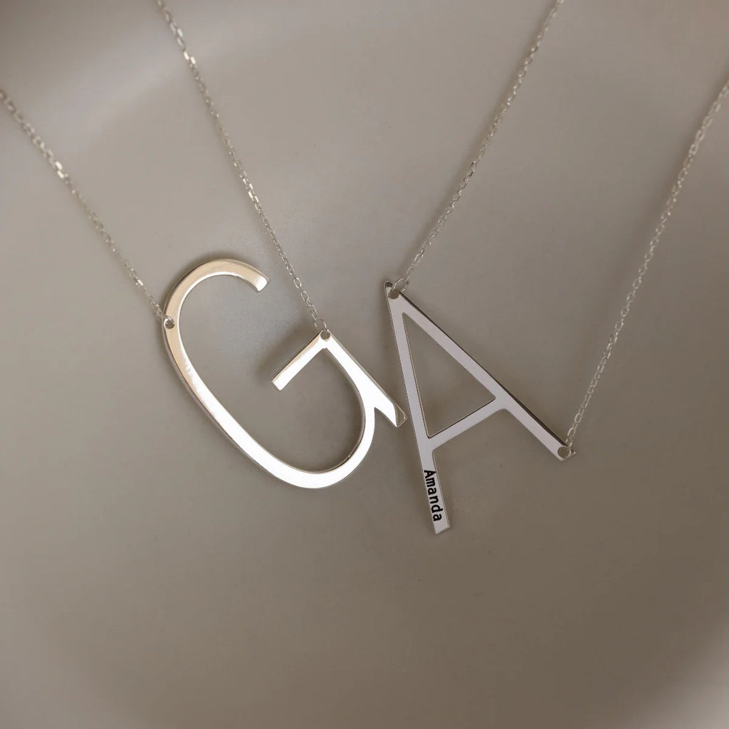 Large Sideways Initial charm Necklace Silver 18K Gold Plated