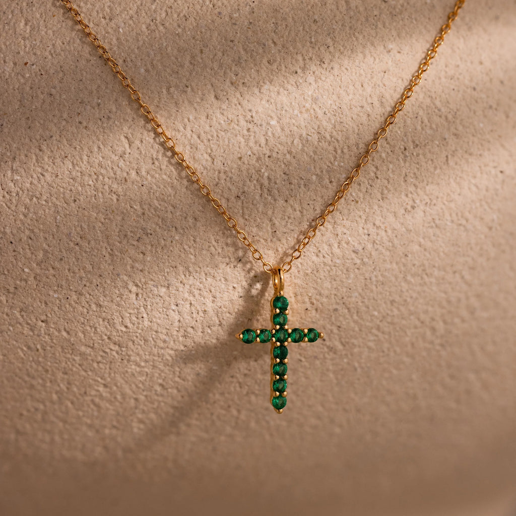 Emerald Pave Cross Necklace Silver 18K Gold Plated