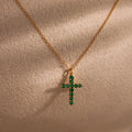 Emerald Pave Cross Necklace Silver 18K Gold Plated