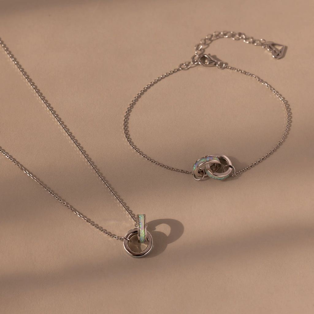 Interlocking Opal Inlay Necklace and Bracelet Set Silver 18K Gold Plated
