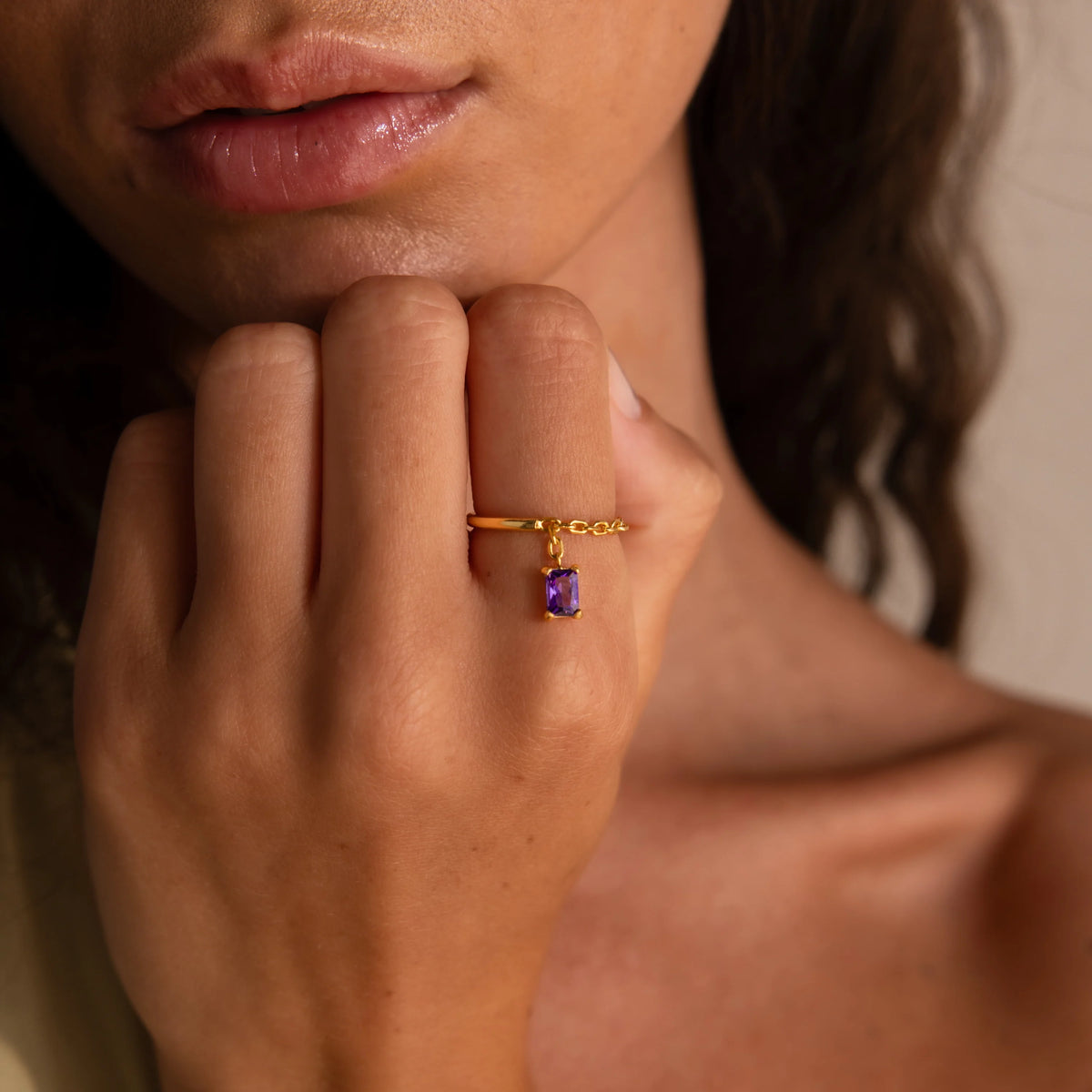 Onyx Drop Chain Ring Silver 18K Gold Plated