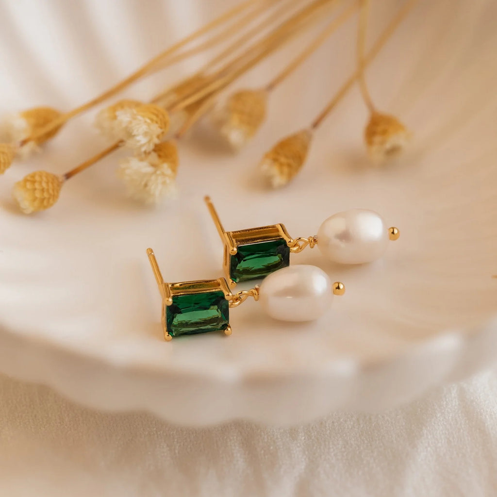 Emerald Pearl Drop Earrings Silver 18K Gold Plated