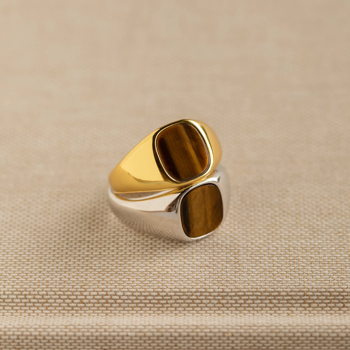 Faux Tiger's Eye Signet Ring Silver 18K Gold Plated