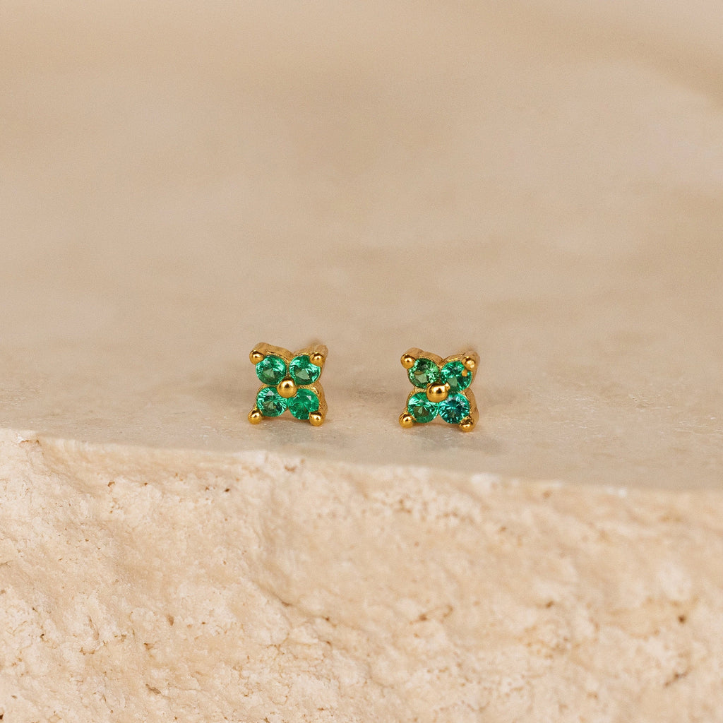 Emerald Ivy Flower Studs Silver 18K Gold Plated