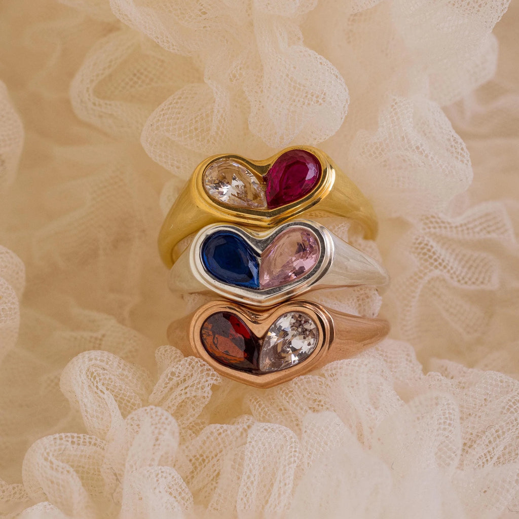 Duo Birthstone Heart Signet Ring Silver 18K Gold Plated