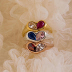 Duo Birthstone Heart Signet Ring Silver 18K Gold Plated